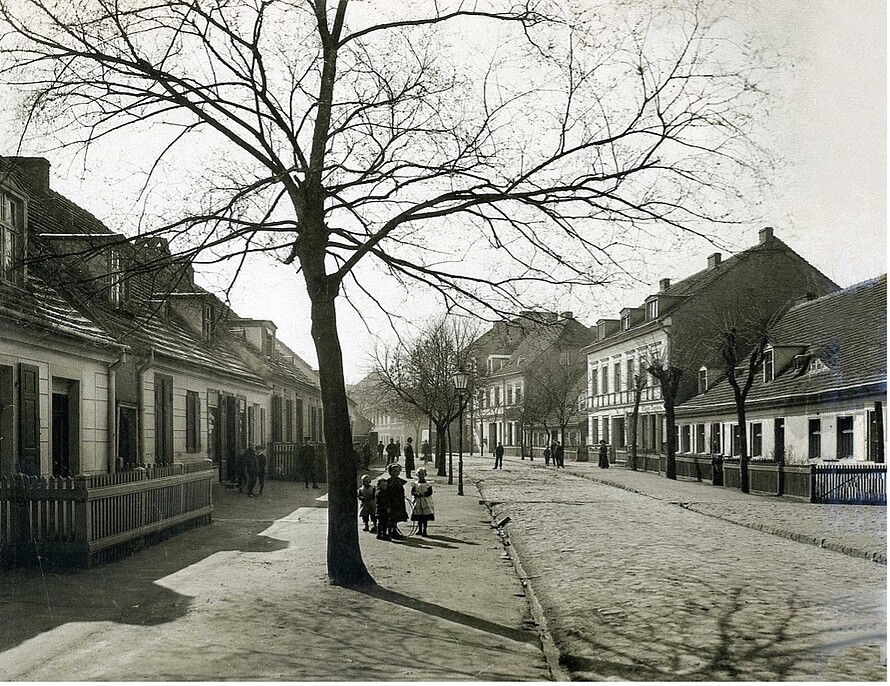 Ein Schwarz-Weiß-Foto von einer Straße mit Häusern. Ein Baum im Vordergrund. Menschen gehen auf dem Gehweg.