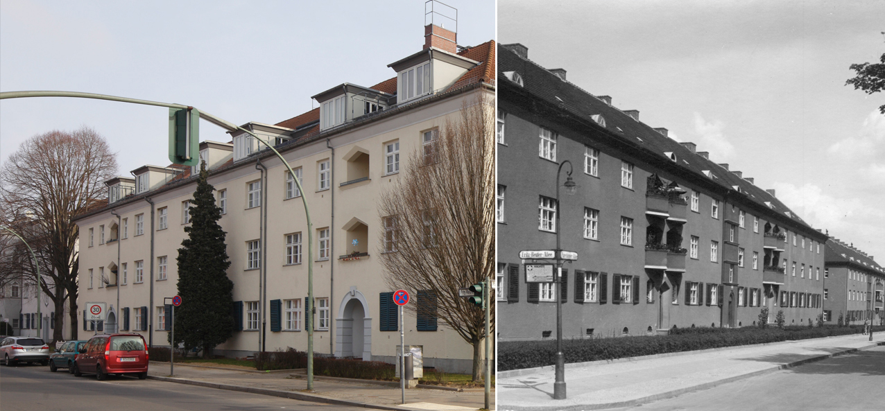 Zwei Bilder, die jeweils ein Wohnhaus in der Krugpfuhlsiedlung damals und heute zeigen.