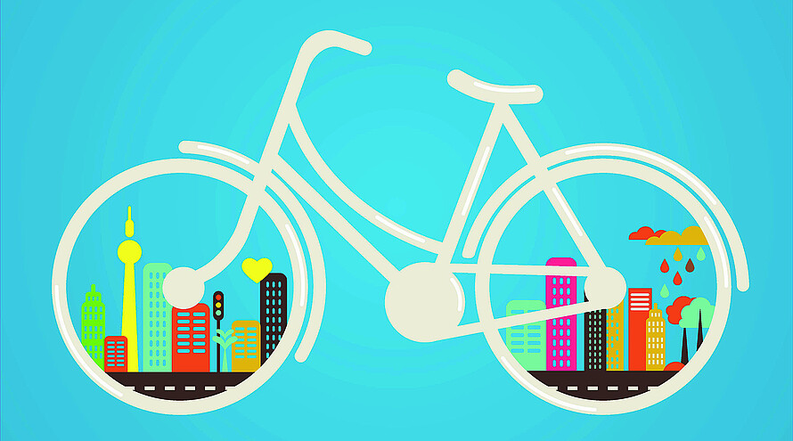 Ein Fahrrad mit zwei Fahrradrädern wird durch ein Bild von Hochhäusern und dem Berliner Fernsehturm ersetzt.