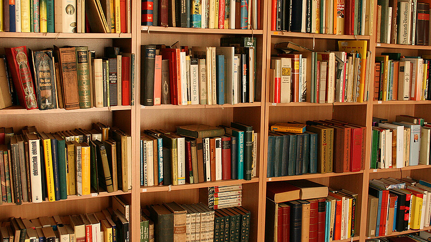 Nahaufnahme eines Bücherregals aus Holz, bis oben hin gefüllt mit Büchern.