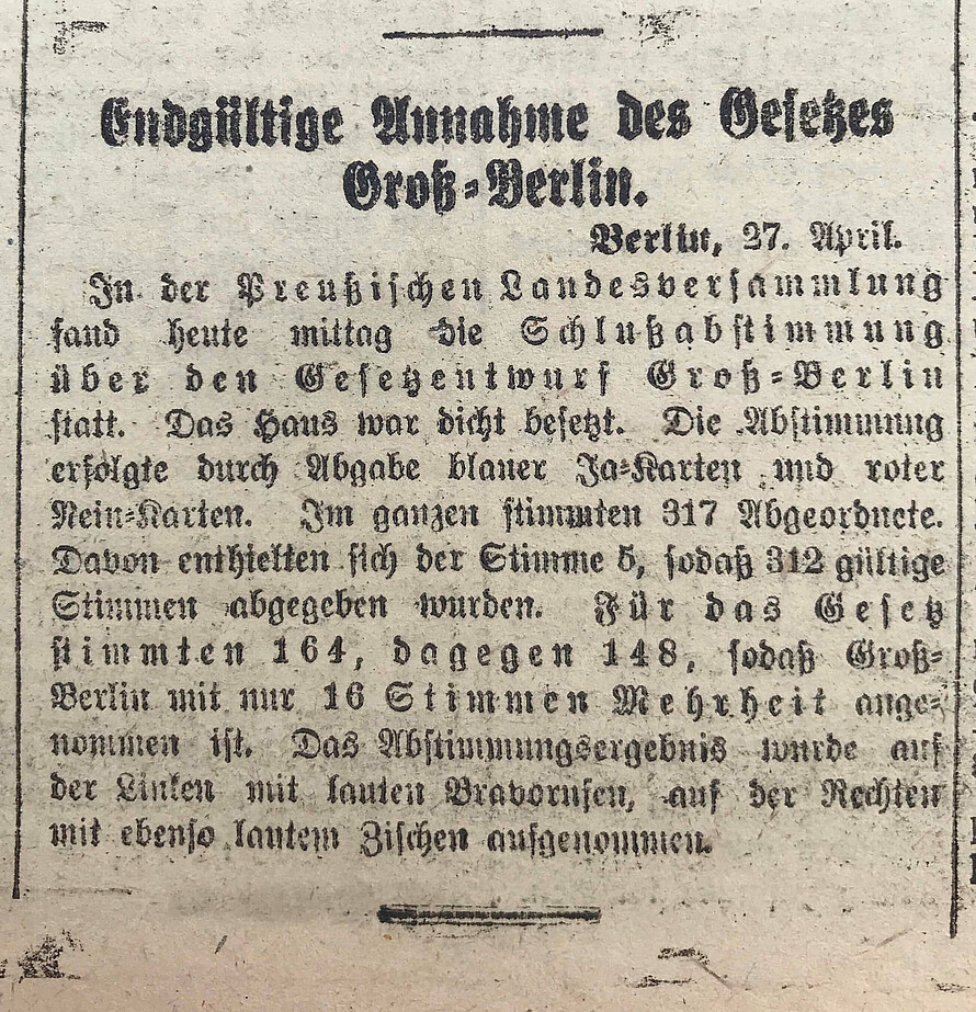 Bild zeigt alten Zeitungsauschnitt über Großberlin.