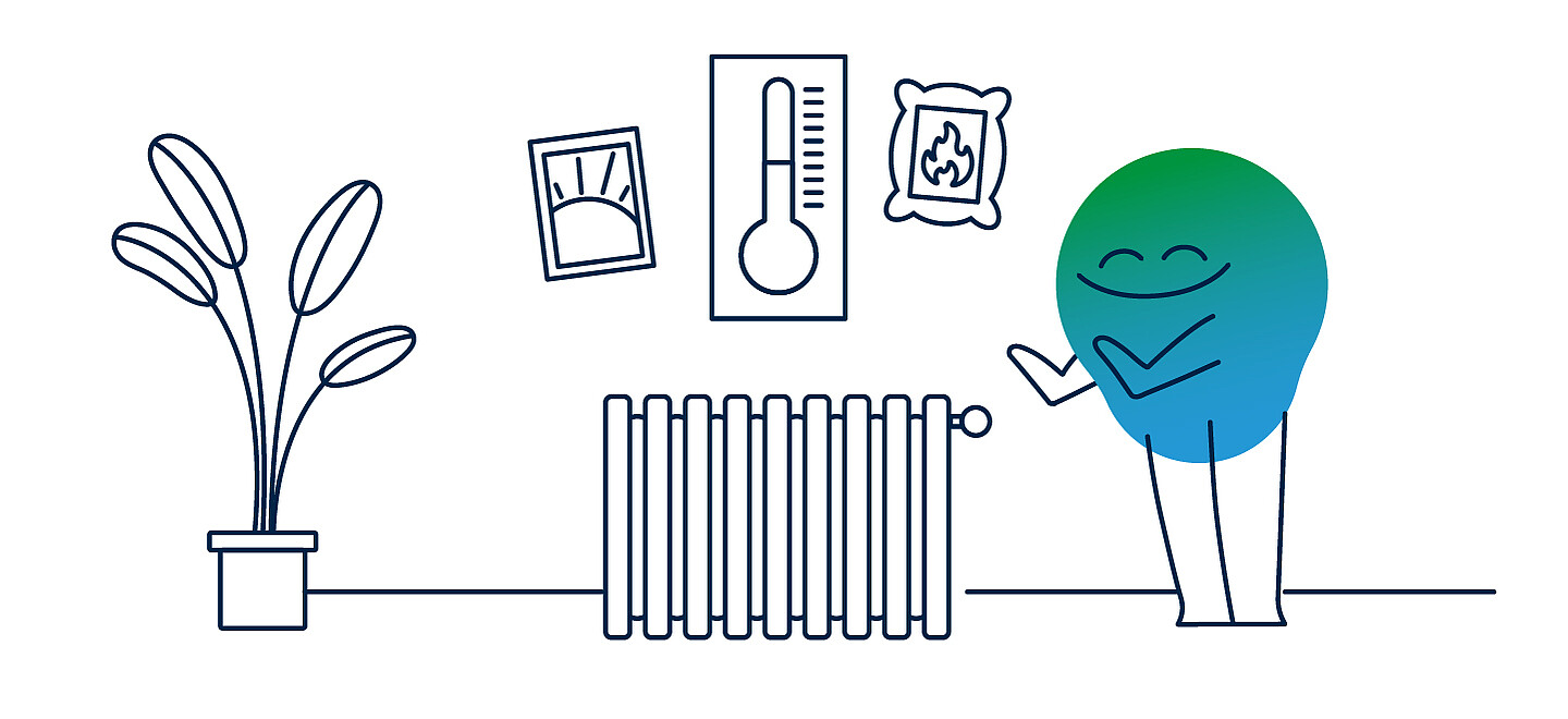 Illustration der degewo-Erklärfigur Kalle, die vor einer Heizung in einer Wohnung steht und sich die Hände wärmt. 