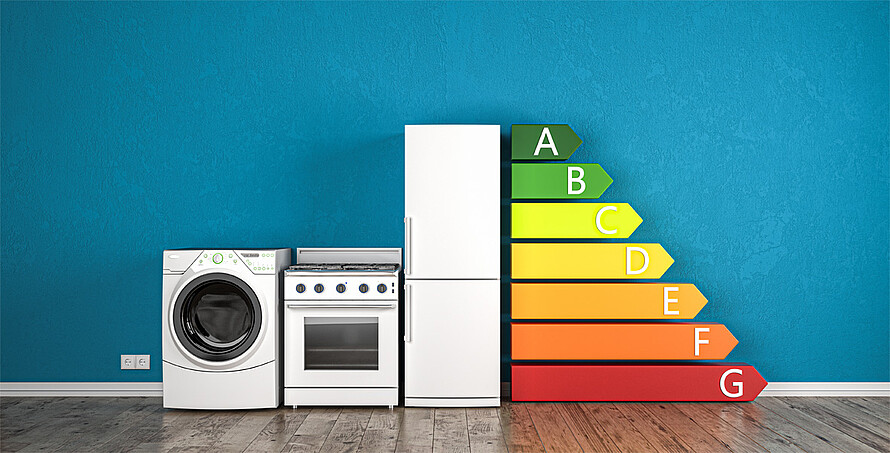 Waschmaschine, Backofen und Kühlschrank stehen in einem Wohnraum – daneben das Energielabel (zeigt die Buchstaben A bis G, in den Farben grün über gelb bis rot).
