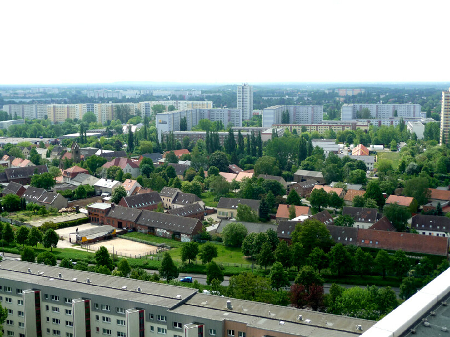 Berlin-Marzahn von der Vogelperspektive mit Häusern und vielen grünen Bäumen.