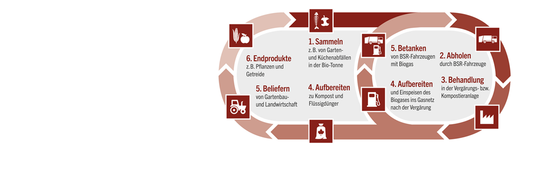 Bild zeit BioGut-Entsorgungsprozess: Sammeln, Abholen, Behandlung, Aufbereiten, Betanken oder Beliefern und Endprodukte.