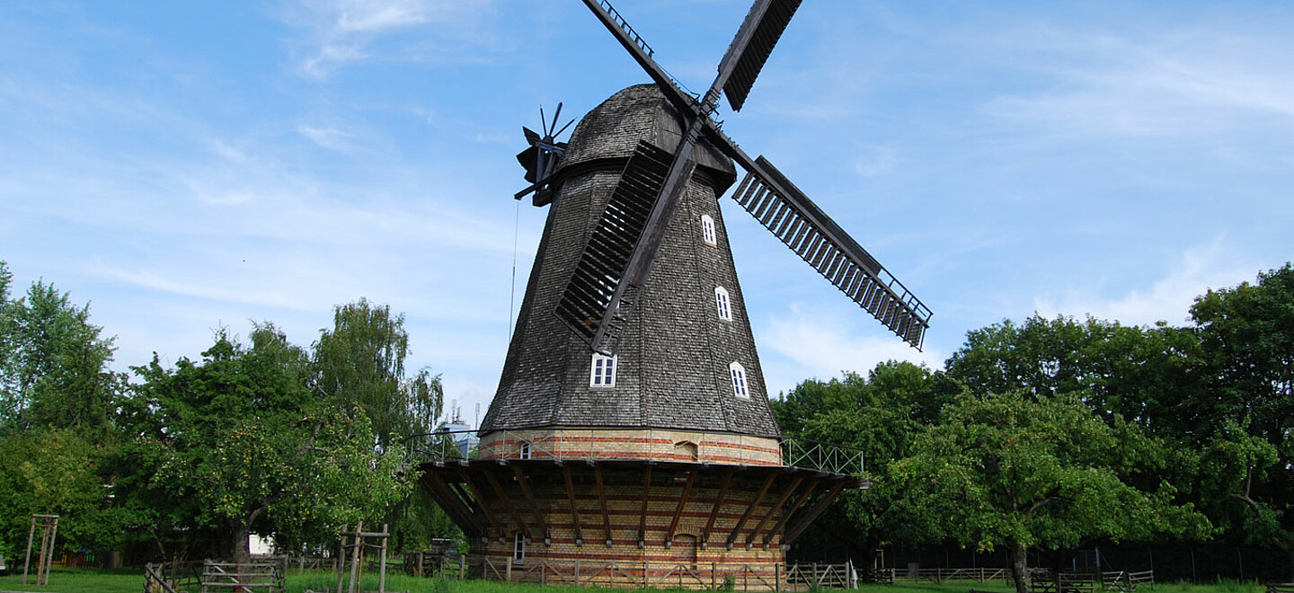 Eine große schwarze Windmühle steht auf einem grünen Rasen.