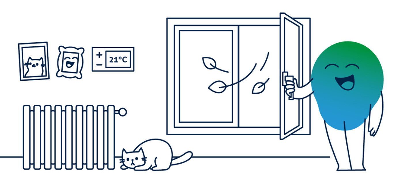 Illustration der degewo-Erklärfigur Kalle, die vor einem offenen Fenster steht, um zu lüften.