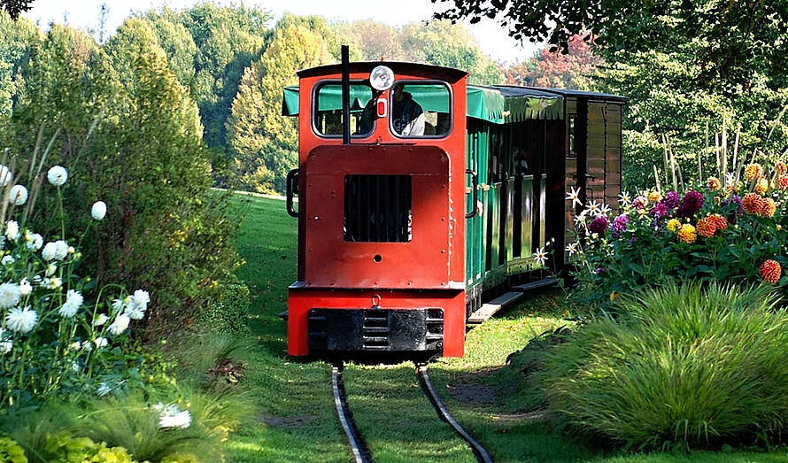 Eine grün-rote Eisenbahn fährt ihre Passagiere auf Schienen über eine Grünfläche.