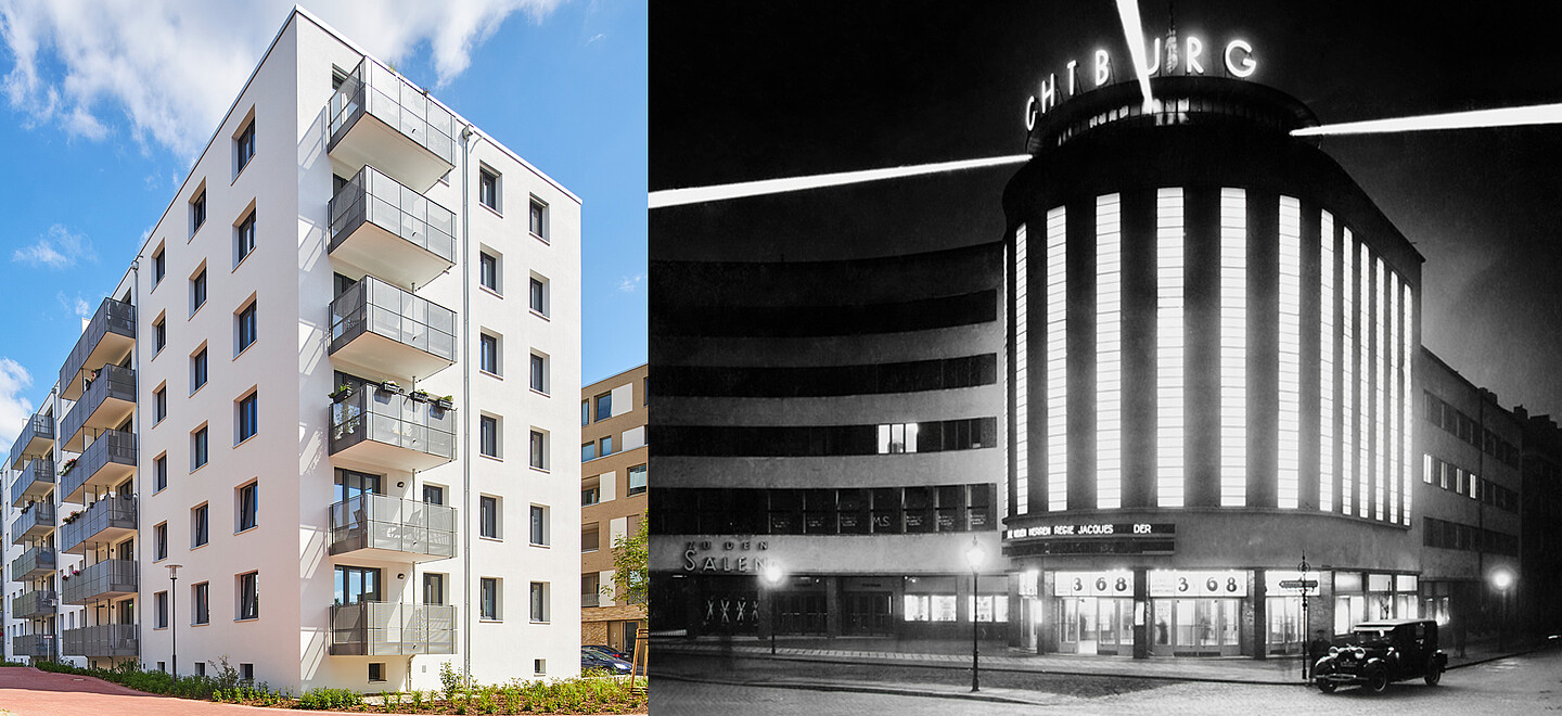 Die Lichtburg bei Nacht: Rund 1.000 Glühbirnen erhellen die vertikalen Fensterbänder des Kinoturms. Auf dem Dach sorgten drei Marinescheinwerfer für weithin sichtbare Lichtkegel.