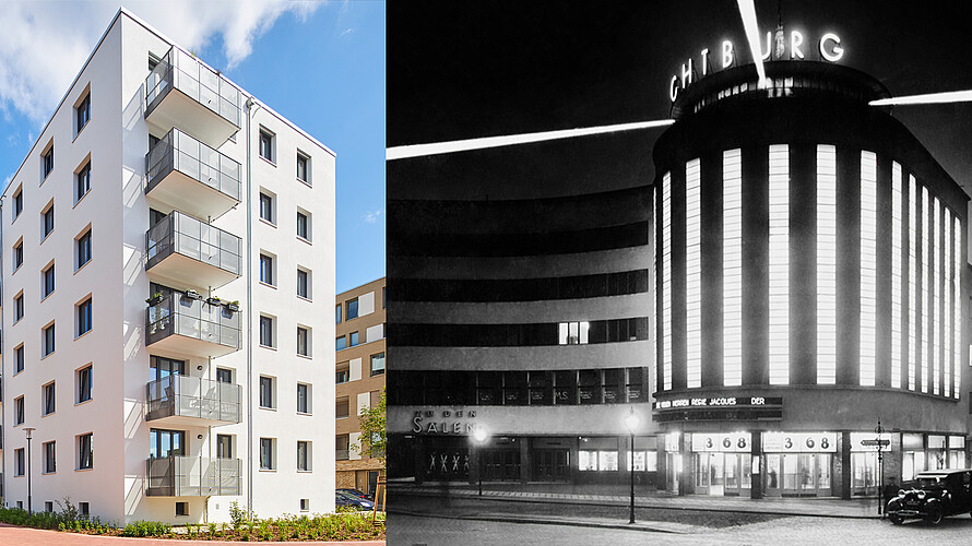 Die Lichtburg bei Nacht: Rund 1.000 Glühbirnen erhellen die vertikalen Fensterbänder des Kinoturms. Auf dem Dach sorgten drei Marinescheinwerfer für weithin sichtbare Lichtkegel.