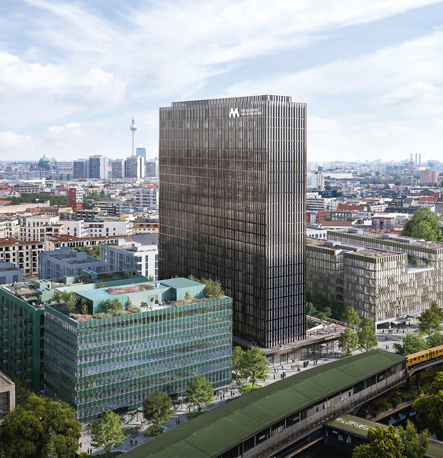 Die Computersimulation zeigt das neue Quartier „Die Macherei Berlin-Kreuzberg“, in der Mitte der ehemalige Postbank-Turm mit neuer Fassade, links und rechts insgesamt drei Neubauten des Kölner Unternehmens Art-Invest Real Estate. Dahinter stehen sechs Wohngebäude von degewo mit weißen Fassaden.