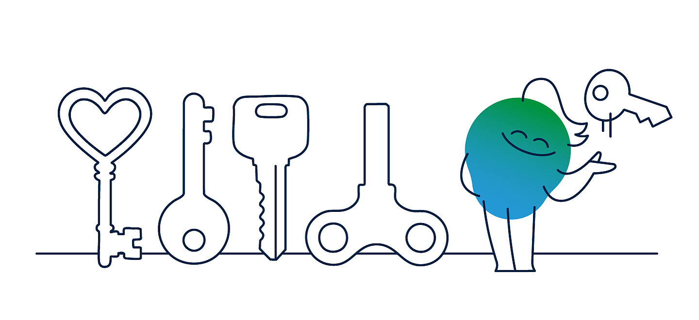 Illustration der degewo-Erklärfigur Kalle zum Thema Sicheres Wohnen. Neben Kalle sind verschiedene Schlüssel abgebildet. 