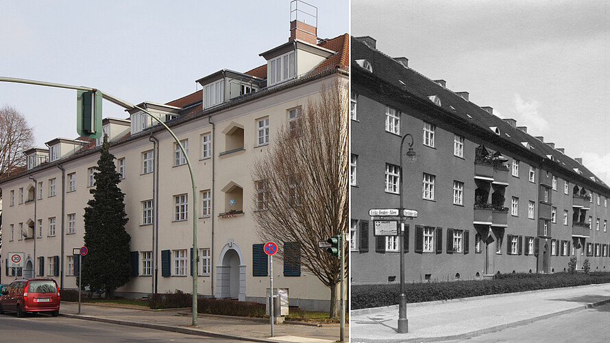 Zwei Bilder, die jeweils ein Wohnhaus in der Krugpfuhlsiedlung damals und heute zeigen.