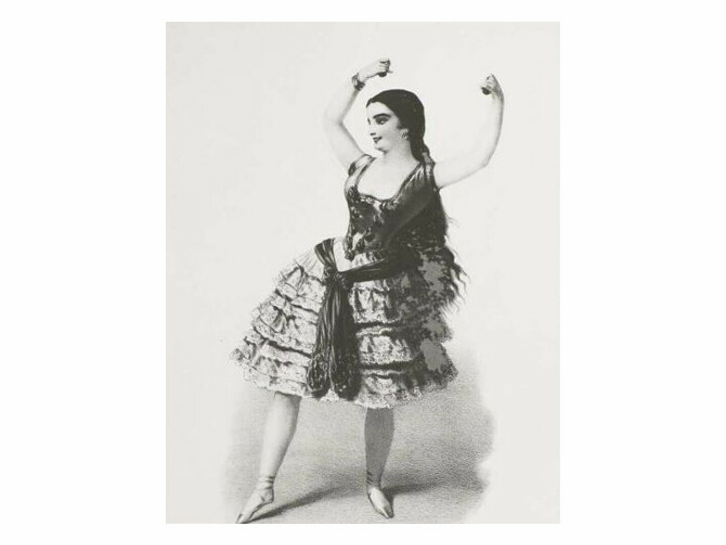 Schwarz-Weiß-Stich der Tänzerin Pepita de Oliva, wie sie den Olé tanzt.