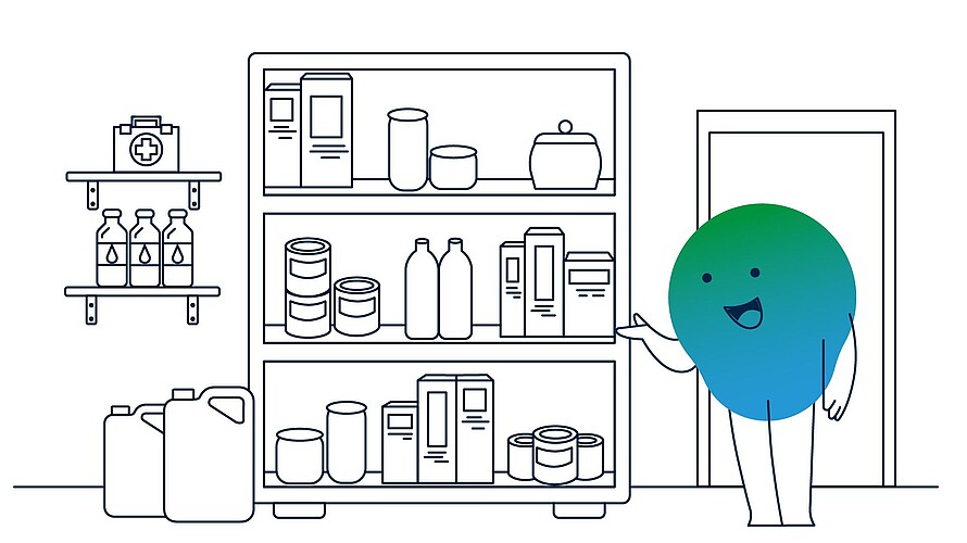 Illustration der degewo-Erklärfigur Kalle zum Thema Vorkehrungen für den Katastrophenfall. Zu sehen ist Kalle vor einer gut gefüllten Vorratskammer.