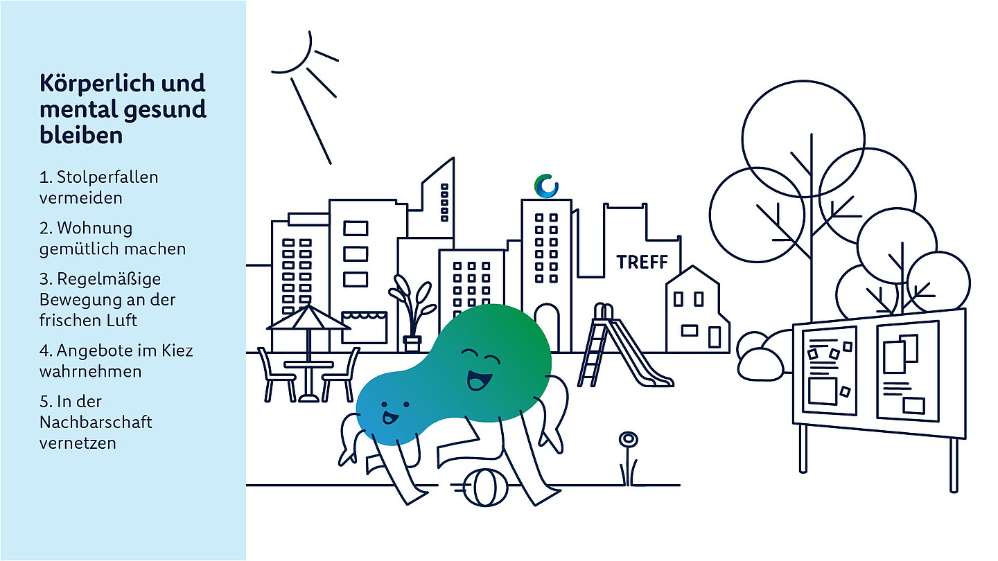 degewo-Erklärfigur Kalle geht mit einer anderen Person spazieren. Im Hintergrund ist ein Stadtpanorama zu sehen. Daneben erklärt ein Text, wie man sich gesund hält.