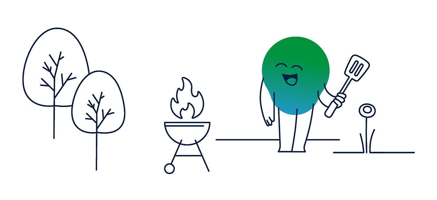 Illustration der degewo-Erklärfigur Kalle beim Grillen im Garten