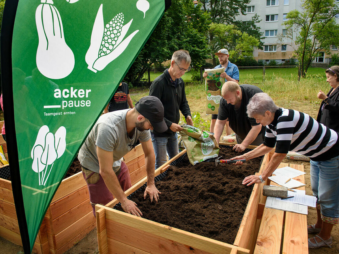 Drei Männer und eine Frau stehen um eine Holzkiste herum und pflügen gemeinsam den Kompost.