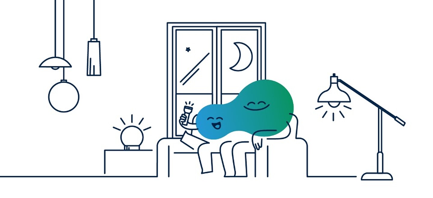 Illustration der degewo-Erklärfigur Kalle, die vor einem Fenster in einer Wohnung steht. Es sind viele Lampen zu erkennen. 