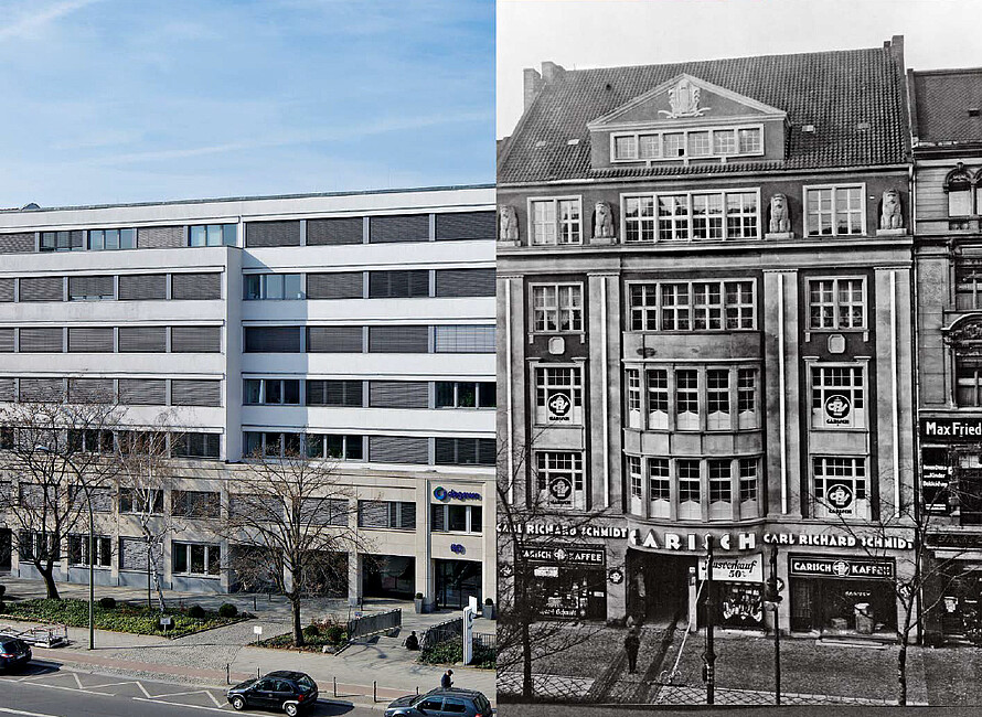 Zwei Bilder vergleichen das Bild des Gebäudes Potsdamer Straße 60 von früher und heute.