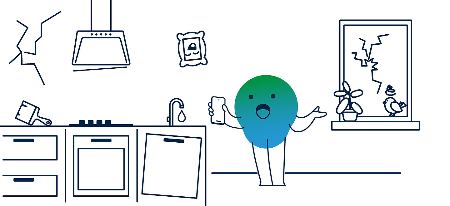 Illustration der degewo-Erklärfigur Kalle zum Thema Schadensmeldung. Kalle steht in der Wohnung, eine Fensterscheibe ist gesplittert, der Wasserhahn tropft. Weitere Mängel sind zu sehen.