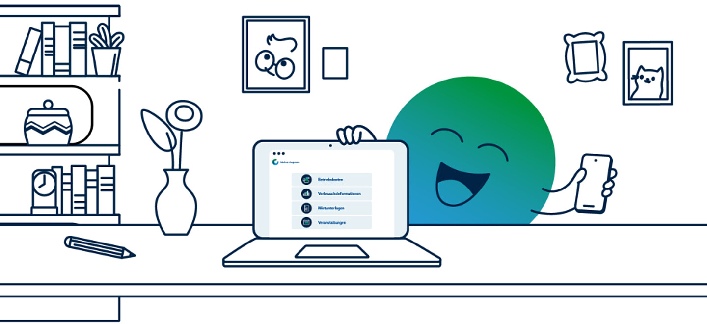 Illustration der degewo-Erklärfigur Kalle zum Thema Serviceportal. Kalle sitzt vor einem Laptop, auf dem das Serviceportal zu sehen ist. Er hält ein Handy in der Hand. nd Skateboard fährt. Kalle verweist auf die Hausordnung am Aushang.