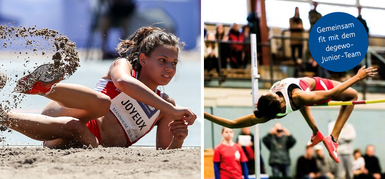 Zwei Bilder von einem Mädchen, das Sport macht.