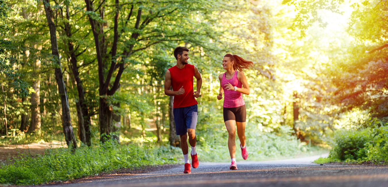 Zwei Personen joggen durch einen Park, der Weg ist gesäumt von vielen großen Bäumen.