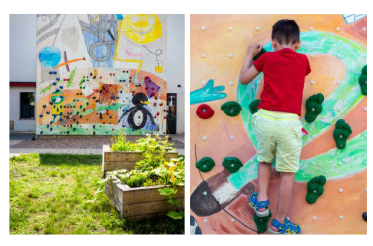 Ein Bild von einem Gemüsegarten und ein Bild von einem Jungen, der eine Wand hochklettert.
