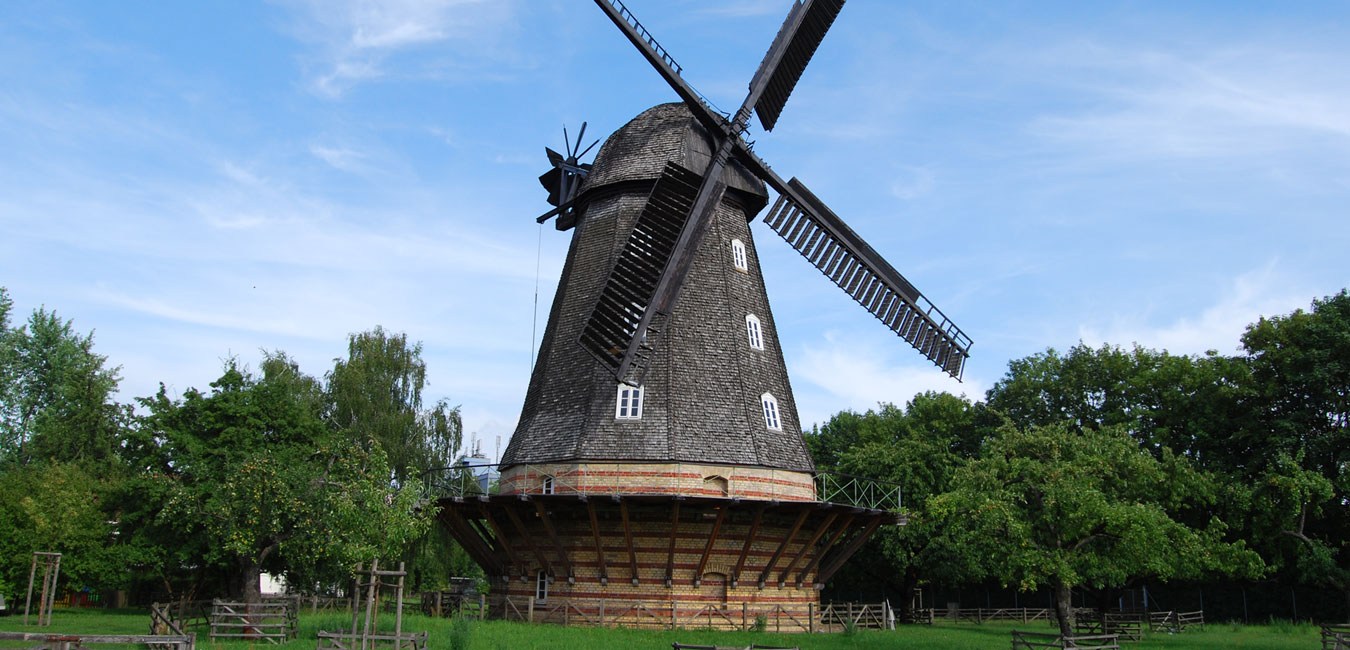 Eine große schwarze Windmühle steht auf einem grünen Rasen.