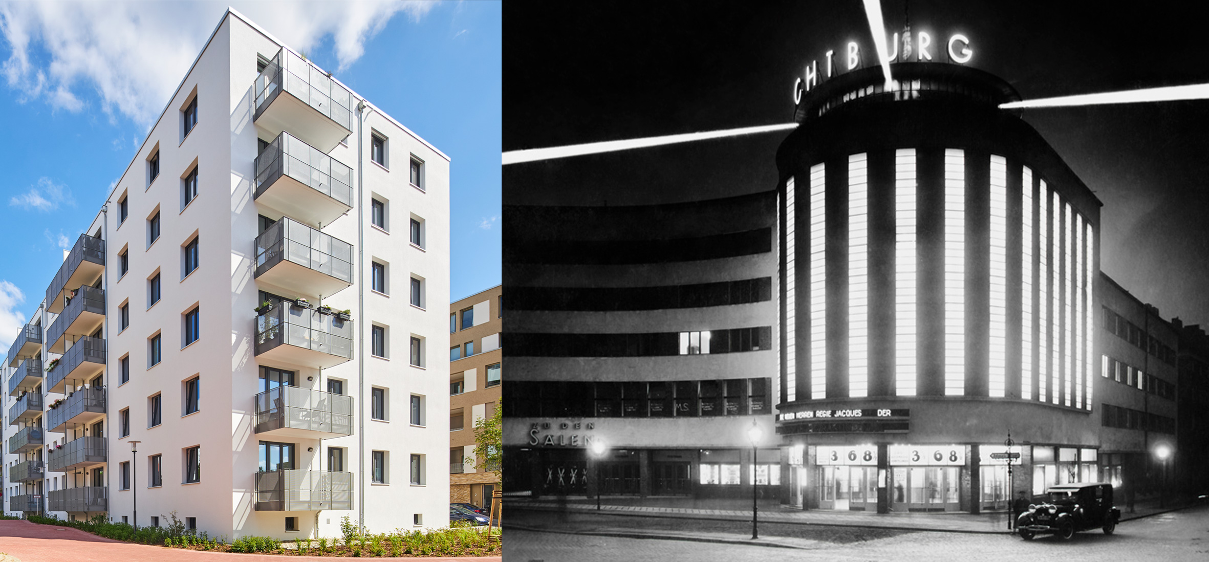 Die Lichtburg bei Nacht: Rund 1.000 Glühbirnen erhellen die vertikalen Fensterbänder des Kinoturms. Auf dem Dach sorgten drei Marinescheinwerfer für weithin sichtbare Lichtkegel.