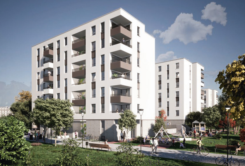 Das Bild zeigt eine am Computer simulierte Ansicht der künftigen Wohnhäuser im Quartier „Die Macherei Berlin-Kreuzberg“.