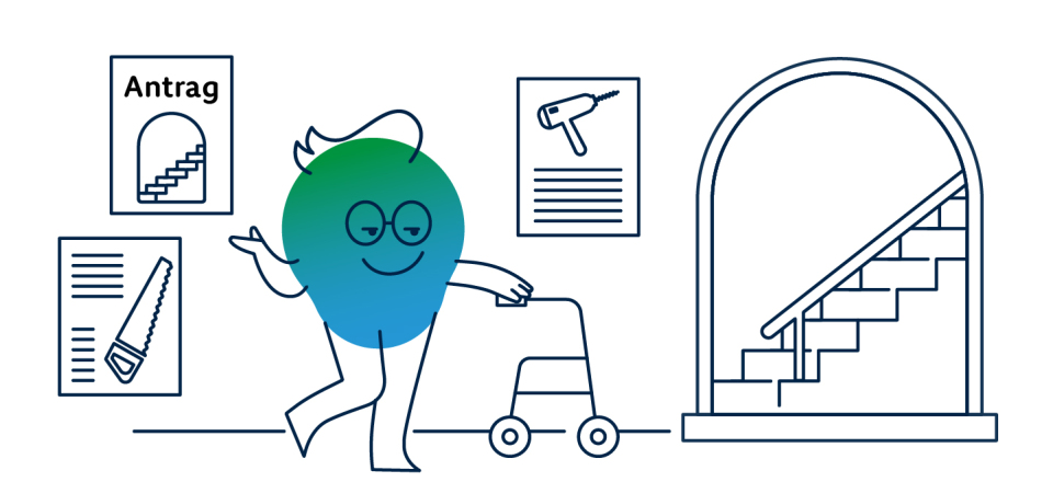 Illustration der Erklärfigur Kalle, wie er mit einem Rollator durch den Hausflur geht und durch eine Tür mit einer Schwelle gelangen muss. 