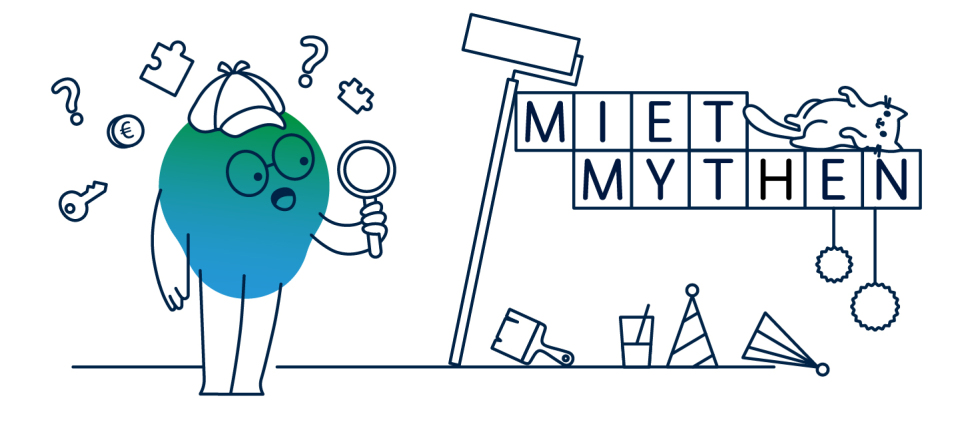 Illustration der degewo-Erklärfigur Kalle zum Thema Mietmythen. Um seinen Kopf herum schwirren Fragezeichen, er hält eine Lupe in der Hand und blickt auf eine Wand, an der Mietmythen in Großbuchstaben steht.  