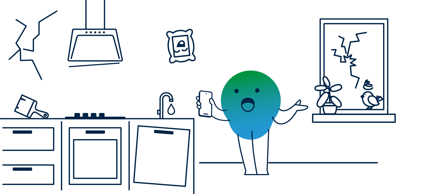 Illustration der degewo-Erklärfigur Kalle zum Thema Schadensmeldung. Kalle steht in der Wohnung, eine Fensterscheibe ist gesplittert, der Wasserhahn tropft. Weitere Mängel sind zu sehen.